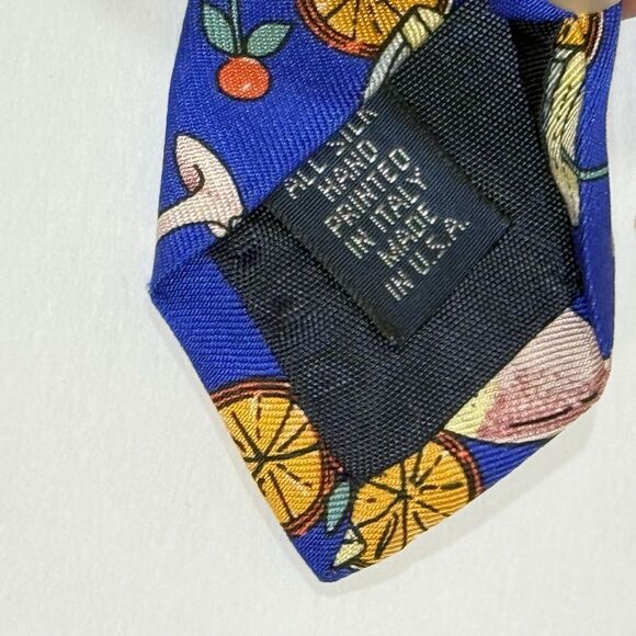 Kenneth Gordon Tie Silk Cocktail Martini Drinks Print Blue Wide 4” Italy Vintage - Picture 7 of 10